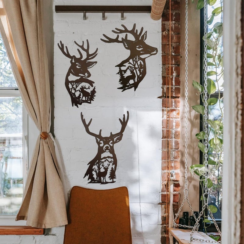 J-Fly Deer Metal Wall Art 9 Inch Deer Silhouette Wall Decor Rustic Forest Hunting Sign Woodland Valentine Decor for Fence Patio Porch Farmhouse Indoor for Living Room Bedroom Bathroom 3 Piece Set - Image 4